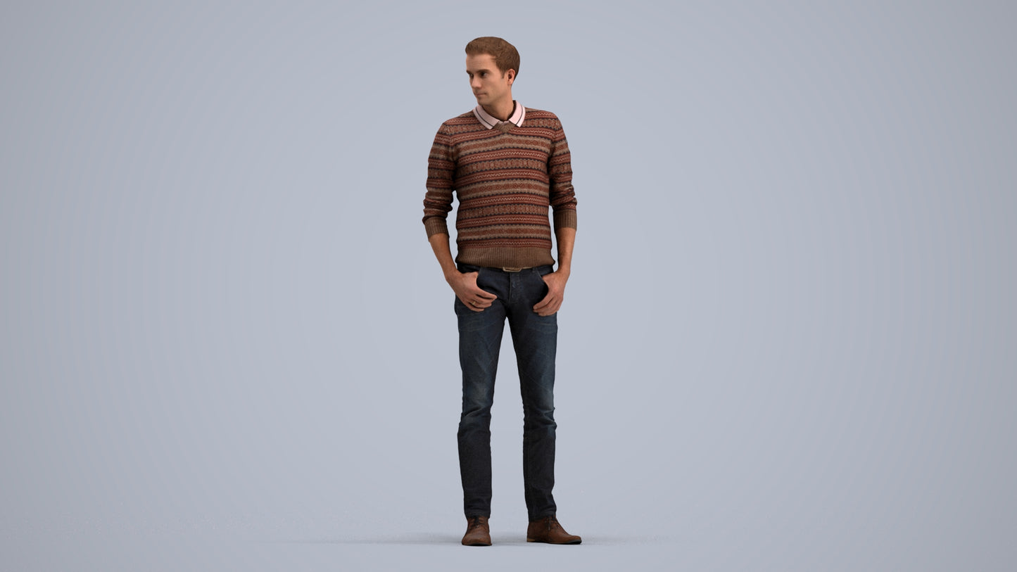 realistic 3D people man casual standing, render-ready for V-Ray and Corona, FBX OBJ, standing pose render