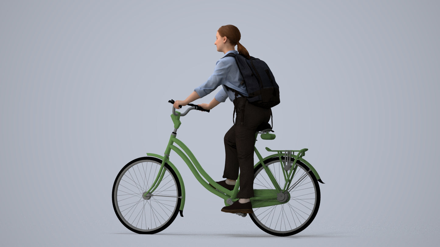 realistic 3D people girl business cycling, render-ready for V-Ray and Corona, FBX OBJ, three-quarter view render