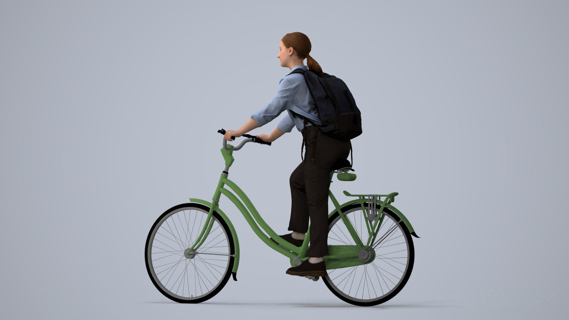realistic 3D people girl business cycling, render-ready for V-Ray and Corona, FBX OBJ, three-quarter view render