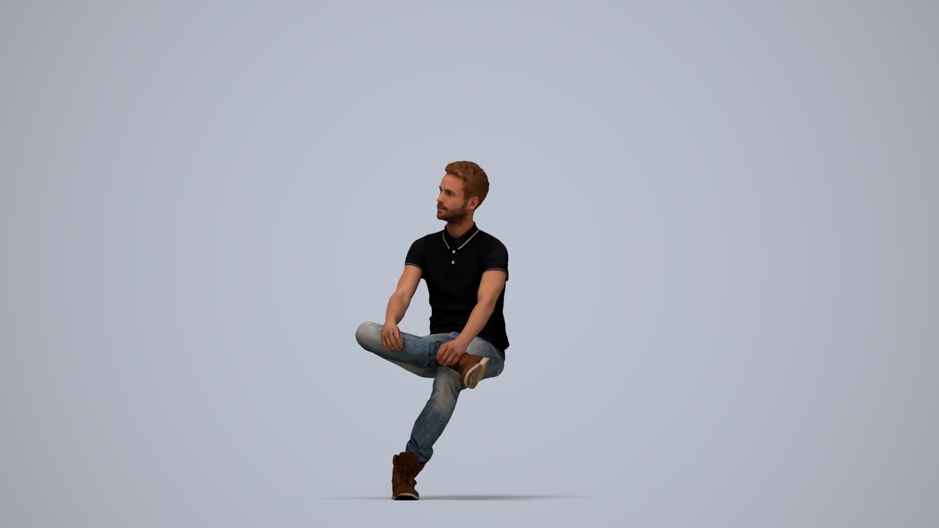 realistic 3D man casual sitting, scanned archviz people for Blender and 3ds Max, top-down view render