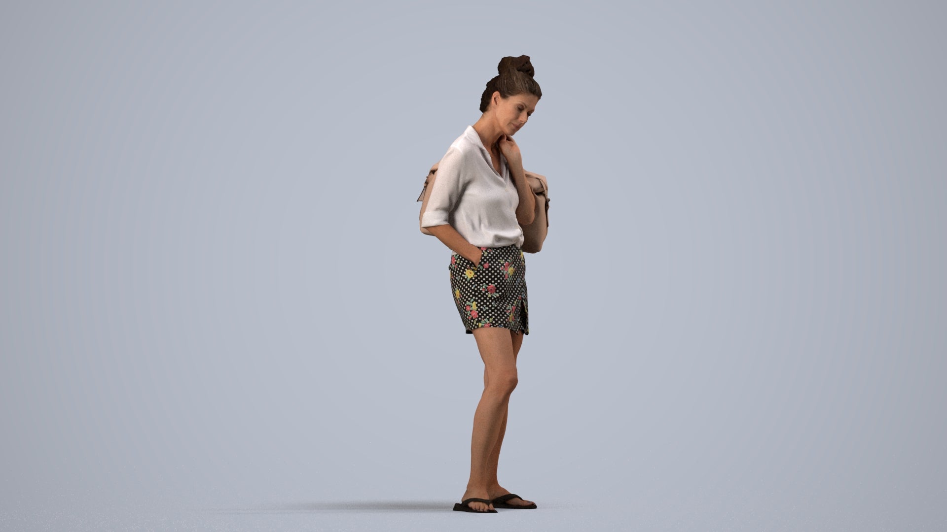 3D people model woman casual standing, scanned human for 3ds Max rendering, side view render