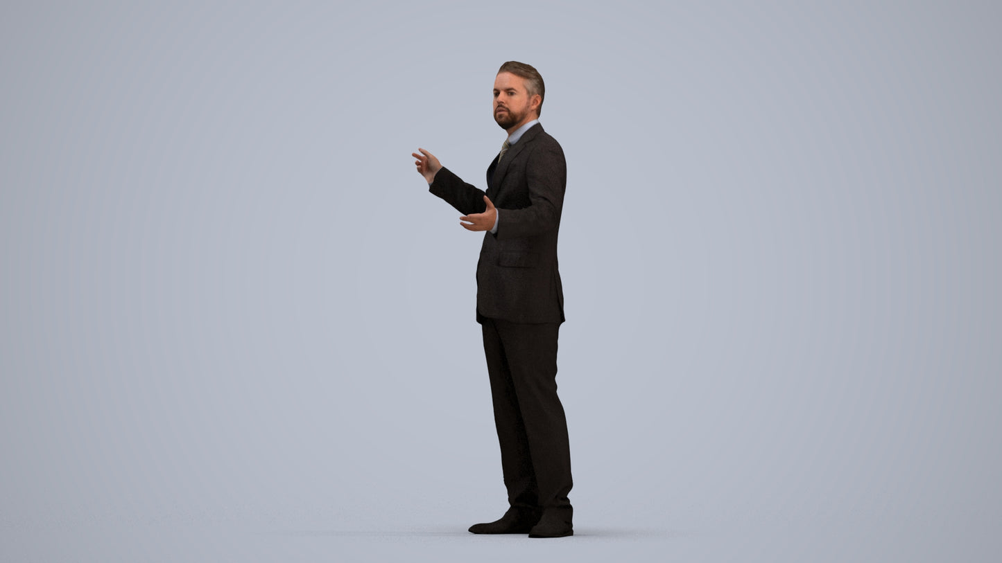 3D human model man business, photogrammetry scanned person for archviz, standing pose render