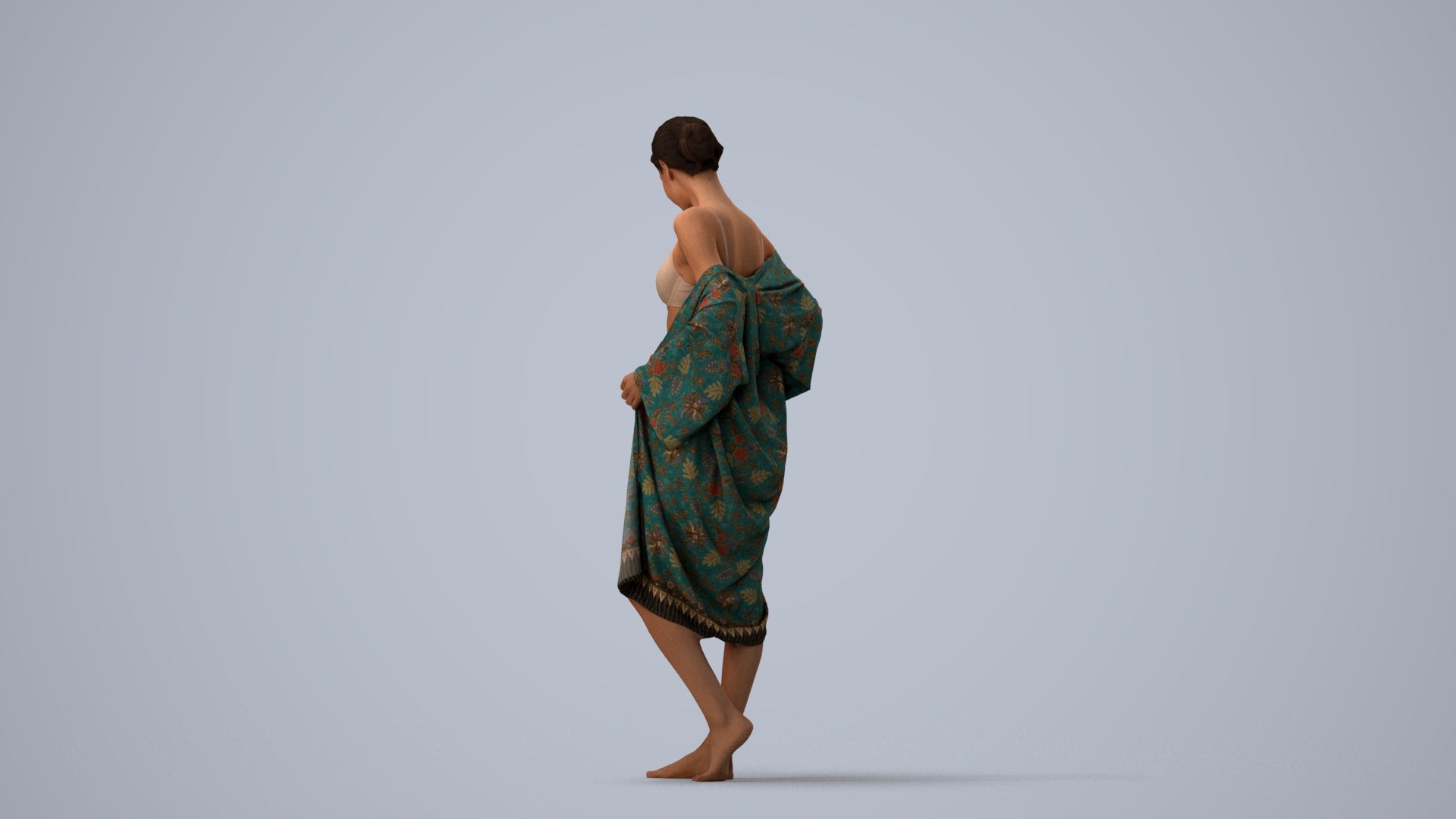photogrammetry 3D woman bathroom, realistic human model archviz FBX, three-quarter view render