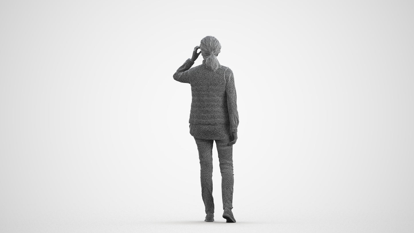 3D human model senior woman casual standing, photogrammetry scanned person for archviz, wireframe front view