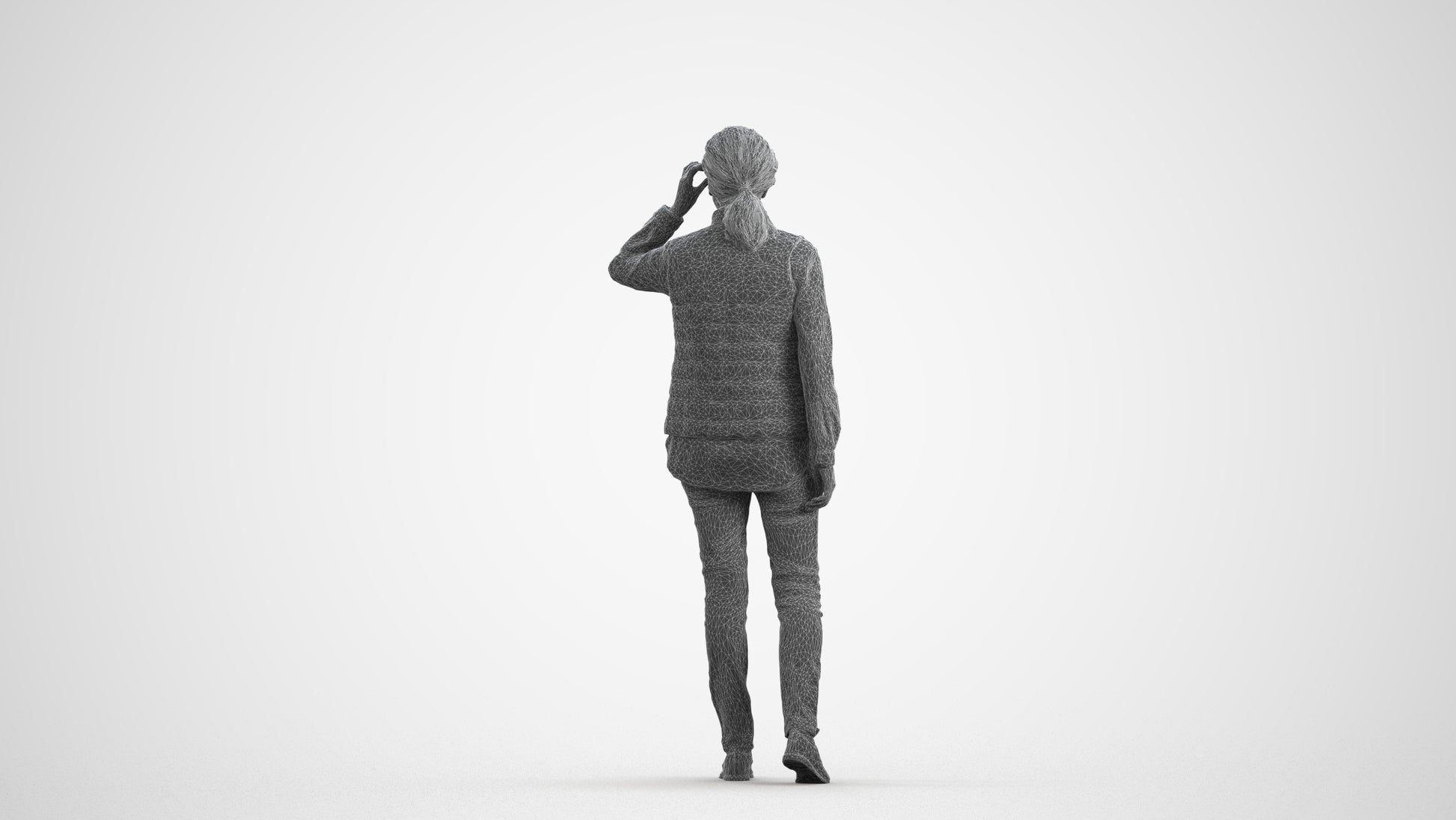 3D human model senior woman casual standing, photogrammetry scanned person for archviz, wireframe front view