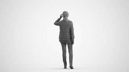 3D human model senior woman casual standing, photogrammetry scanned person for archviz, wireframe front view