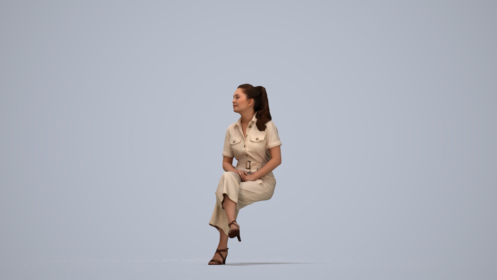 3D scanned woman sitting formal, photorealistic archviz people for Enscape and SketchUp, top-down view render