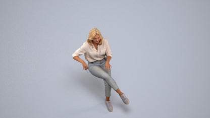 realistic 3D human woman casual sitting, archviz people FBX OBJ for Blender, back view render