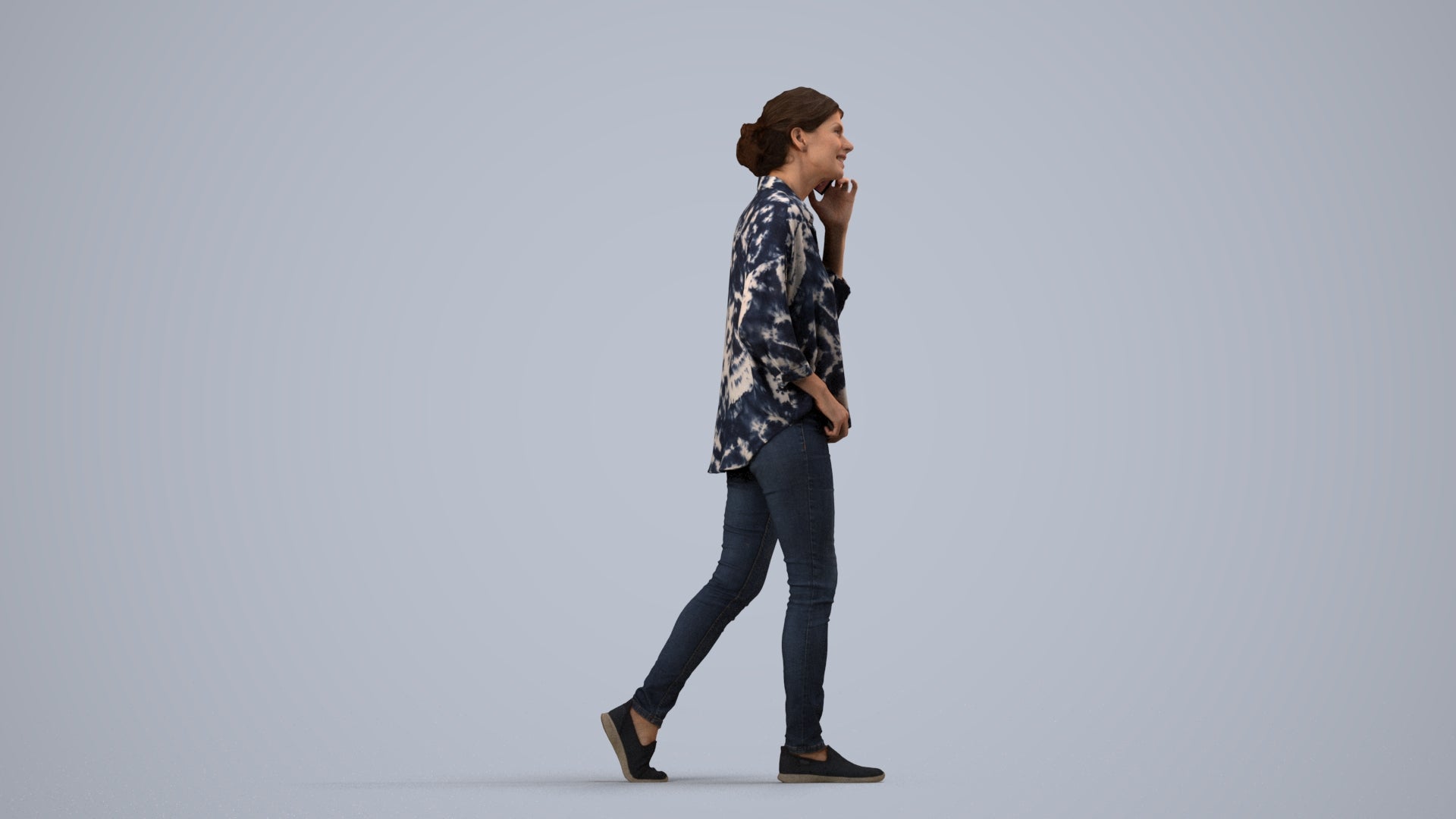 realistic 3D human woman casual walking, archviz people FBX OBJ for Blender, side view render