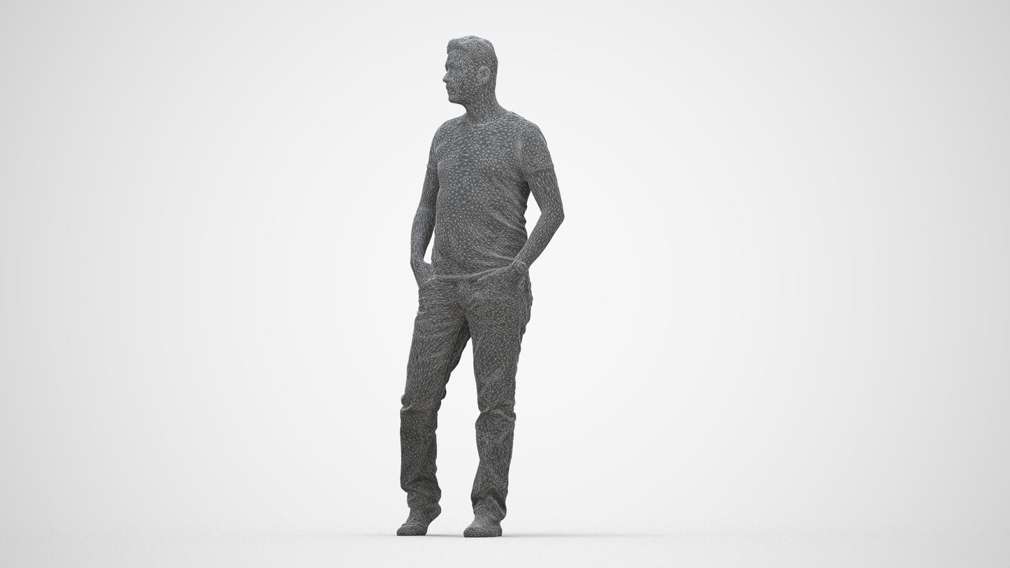 realistic 3D man casual standing, scanned archviz people for Blender and 3ds Max, wireframe back view