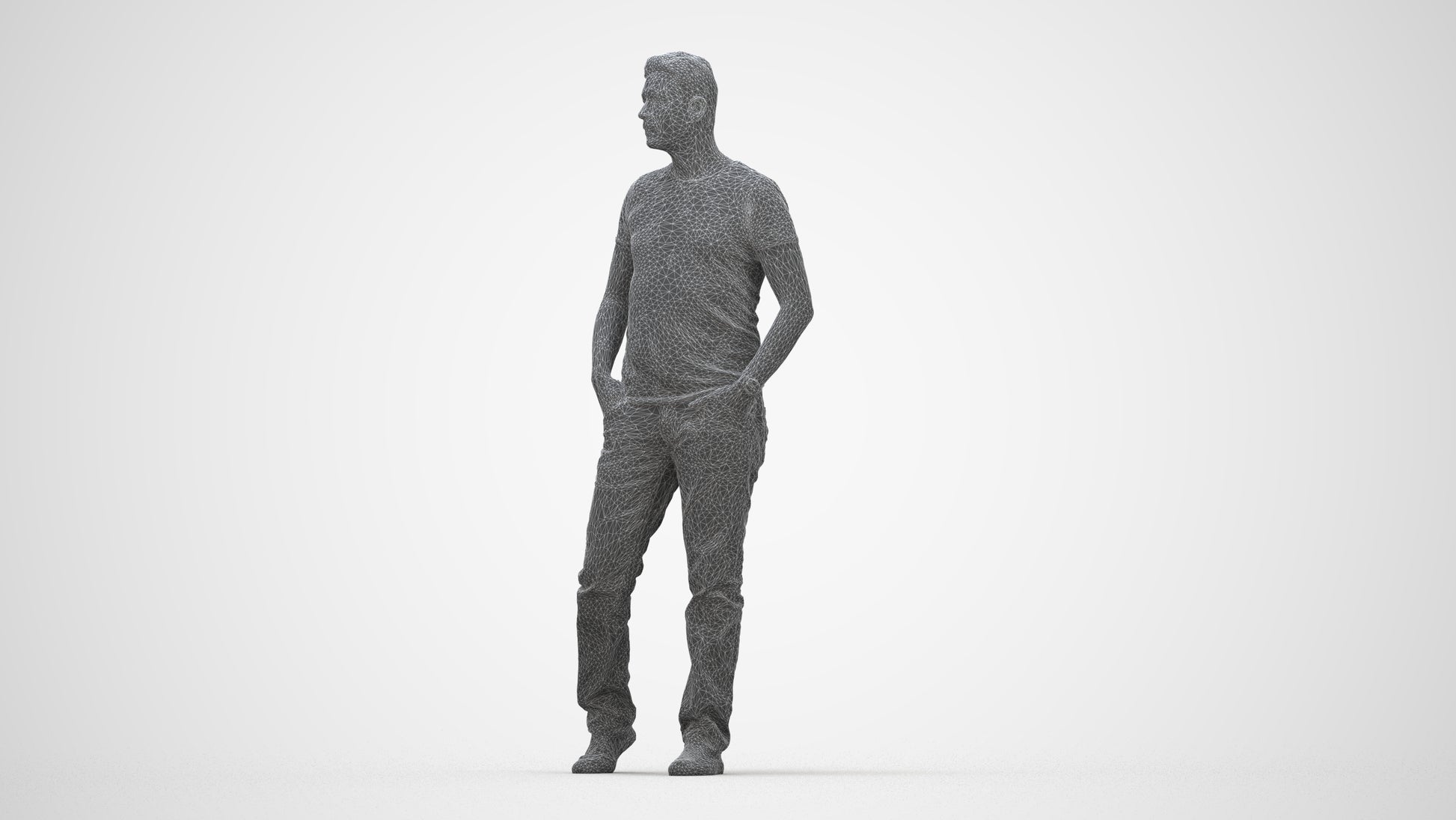 realistic 3D man casual standing, scanned archviz people for Blender and 3ds Max, wireframe back view