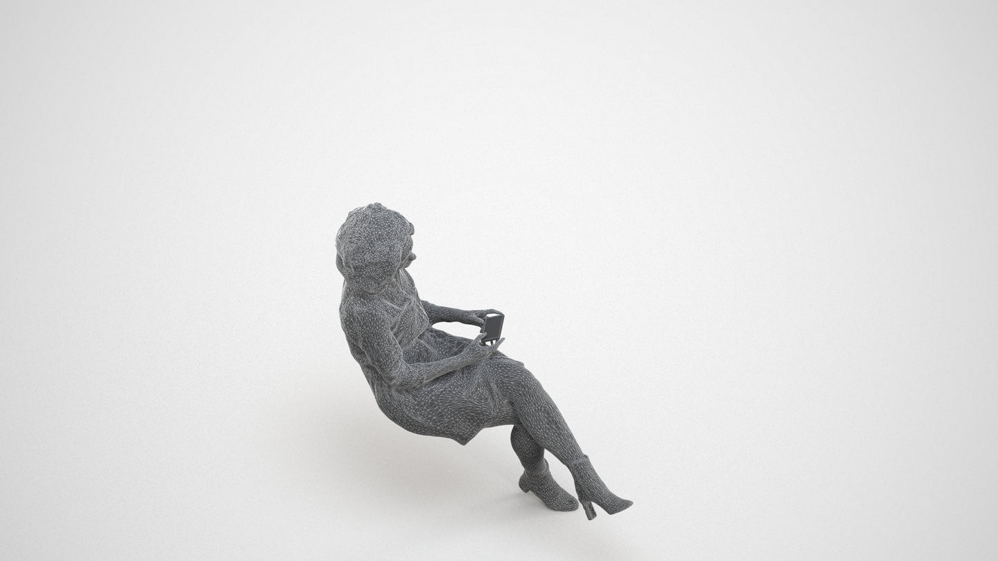 realistic 3D woman casual sitting, scanned archviz people for Blender and 3ds Max, wireframe three-quarter view