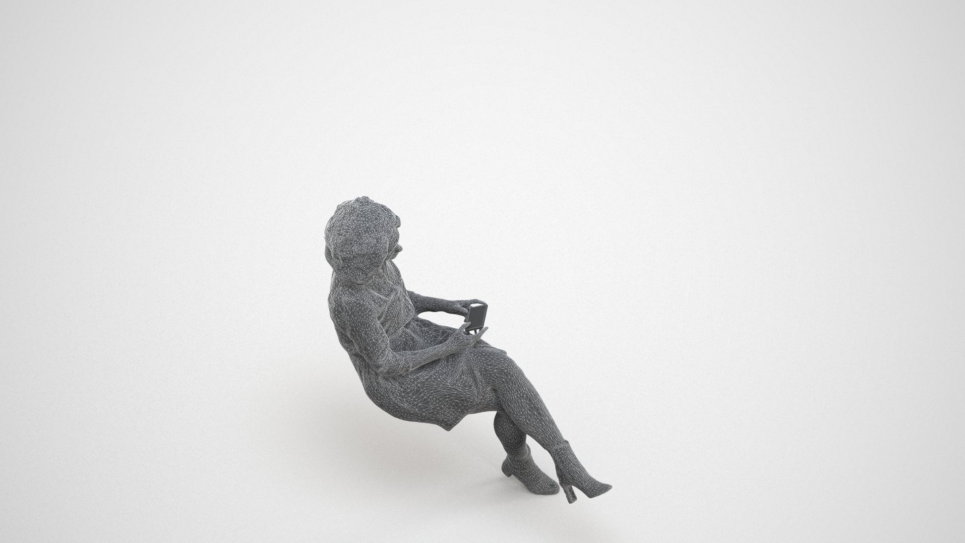 realistic 3D woman casual sitting, scanned archviz people for Blender and 3ds Max, wireframe three-quarter view