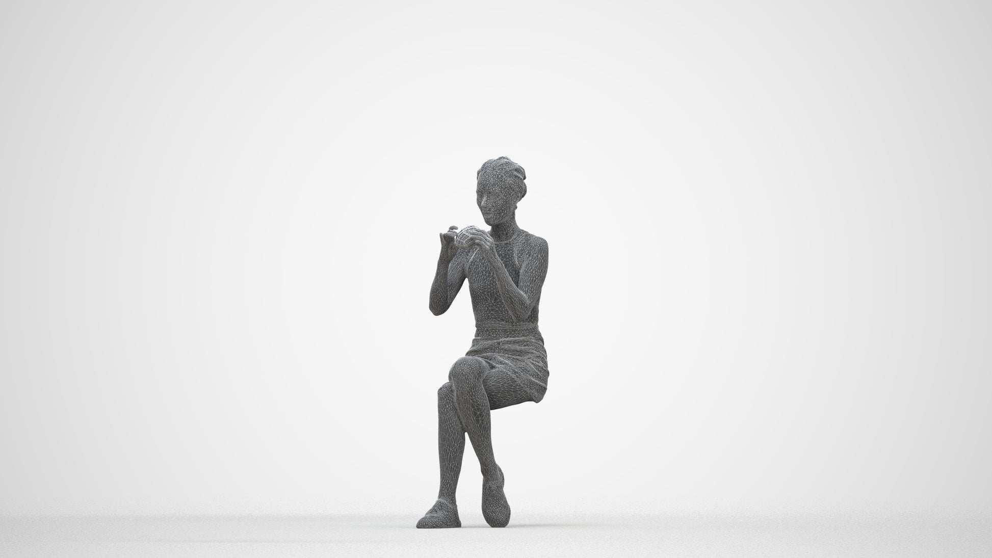 3D human model woman casual sitting, photogrammetry scanned person for archviz, wireframe back view