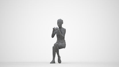 3D human model woman casual sitting, photogrammetry scanned person for archviz, wireframe back view