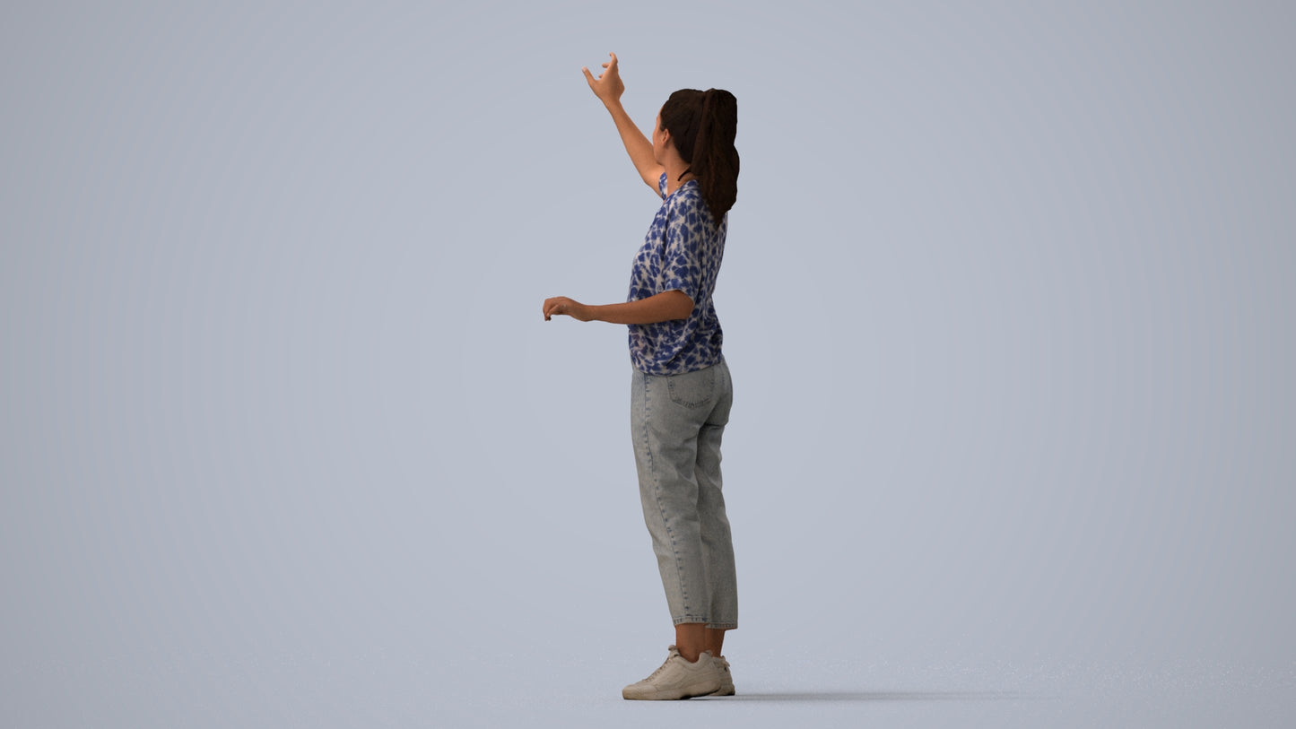 3D scanned woman standing casual, photorealistic archviz people for Enscape and SketchUp, three-quarter view render