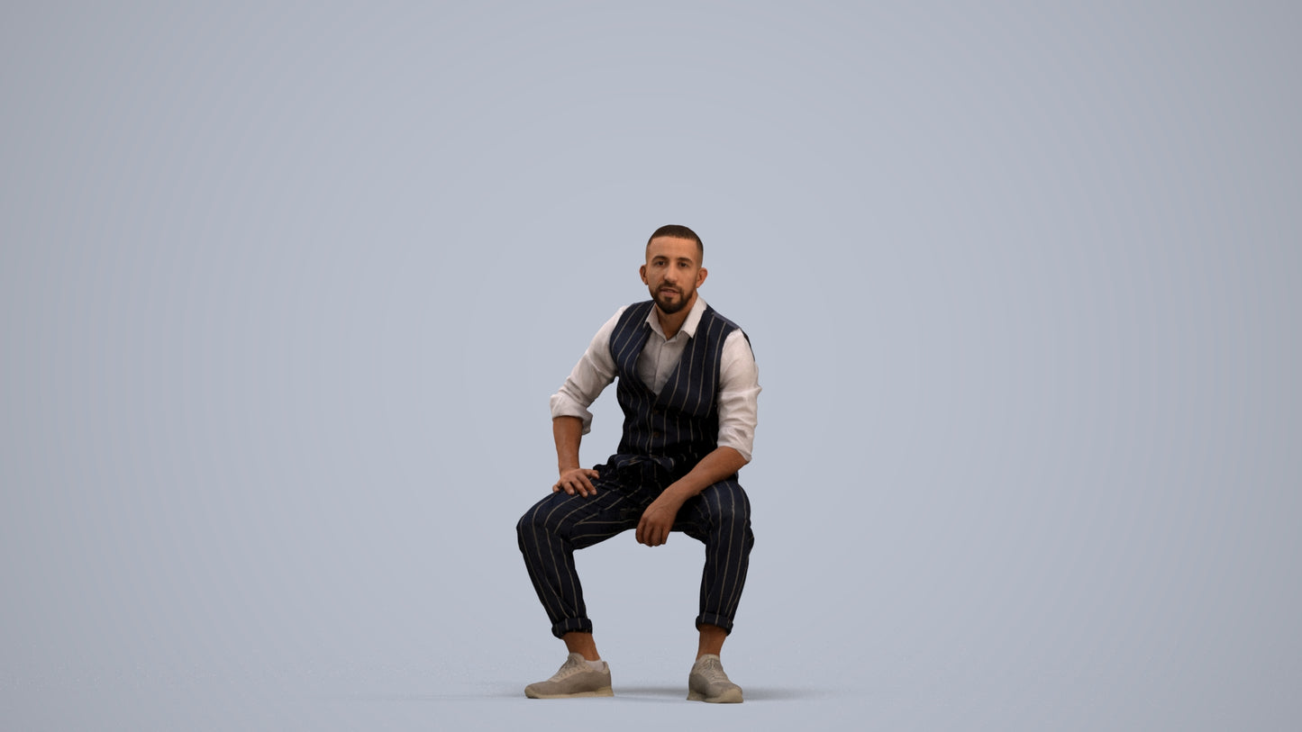 photogrammetry 3D man business sitting, realistic human model archviz FBX, standing pose render