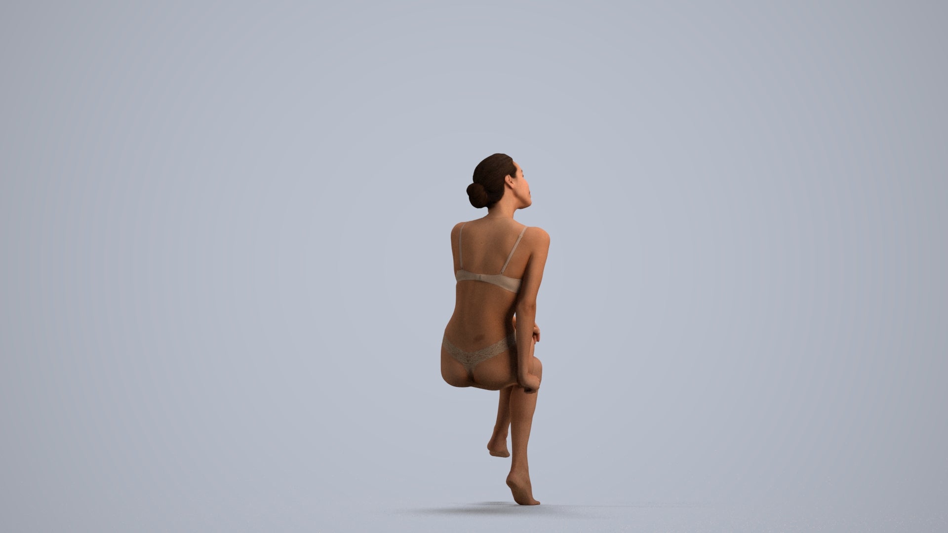 3D human model woman bathroom, photogrammetry scanned person for archviz, front view render