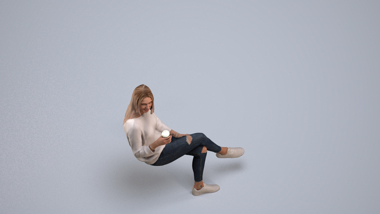 3D scanned woman sitting casual, photorealistic archviz people for Enscape and SketchUp, back view render