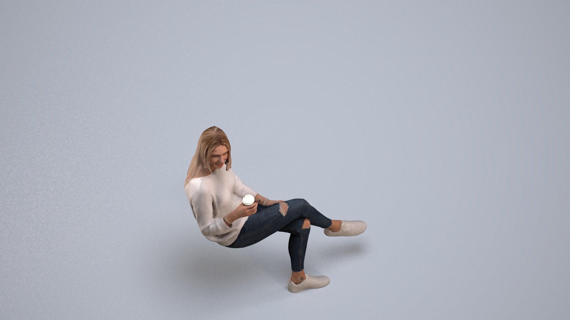 3D scanned woman sitting casual, photorealistic archviz people for Enscape and SketchUp, back view render