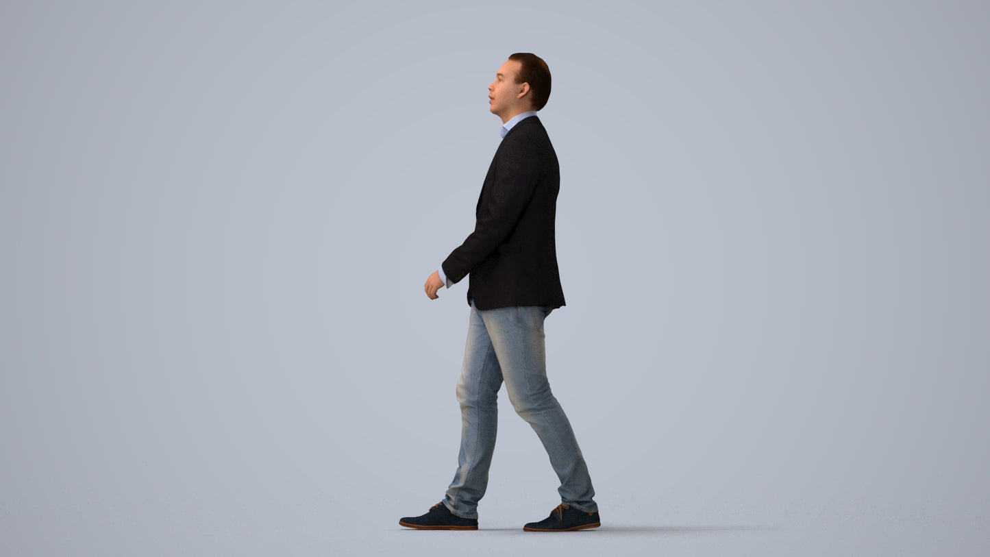 3D human model man business walking, photogrammetry scanned person for archviz, three-quarter view render