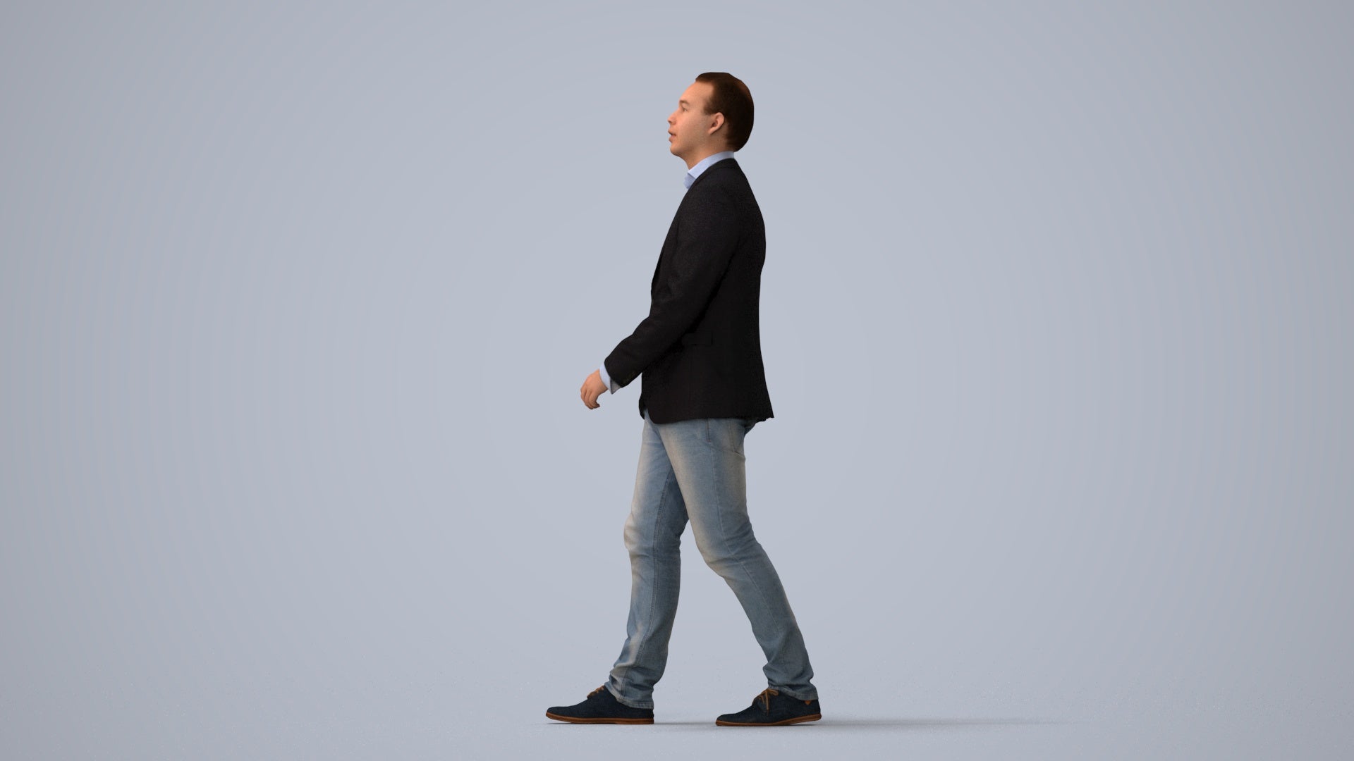 3D human model man business walking, photogrammetry scanned person for archviz, three-quarter view render