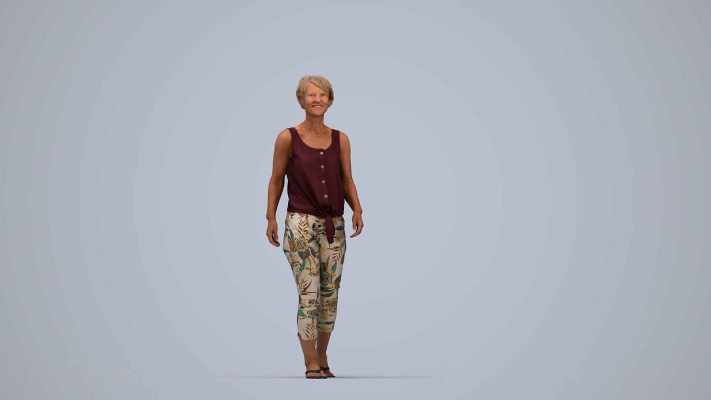 3D human model senior woman walking, photogrammetry scanned person for archviz, top-down view render