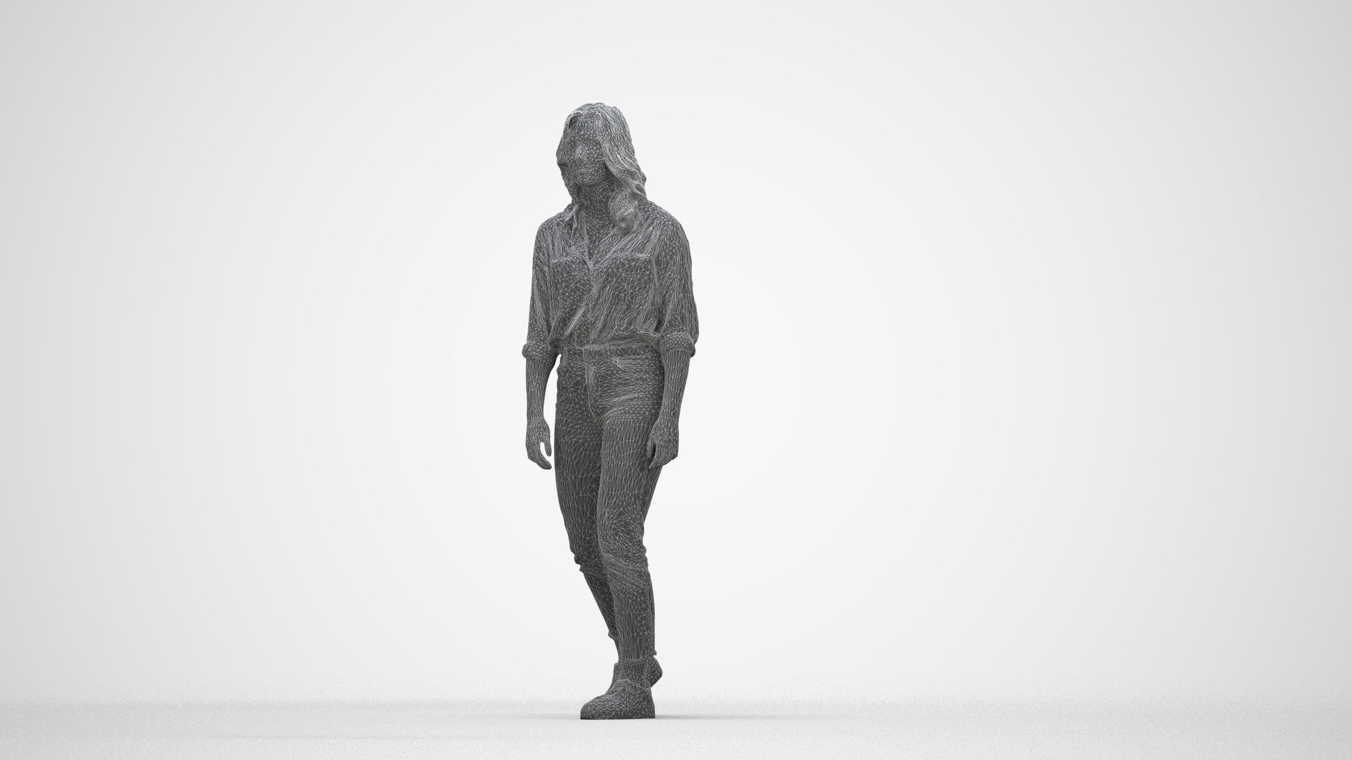 realistic 3D people woman casual walking, render-ready for V-Ray and Corona, FBX OBJ, wireframe back view