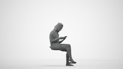 3D human model woman casual sitting, photogrammetry scanned person for archviz, wireframe side view