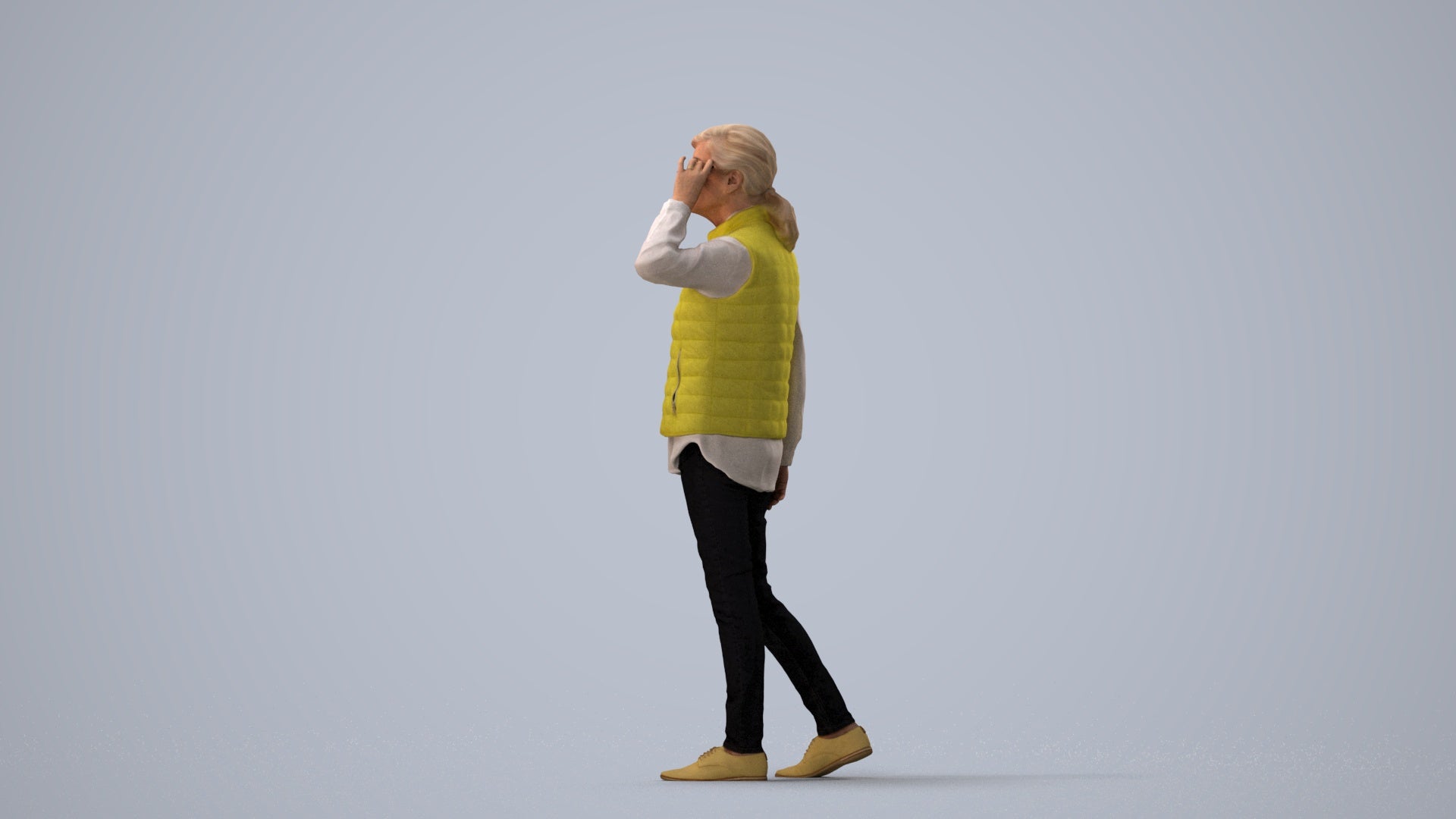 3D human model senior woman casual standing, photogrammetry scanned person for archviz, three-quarter view render