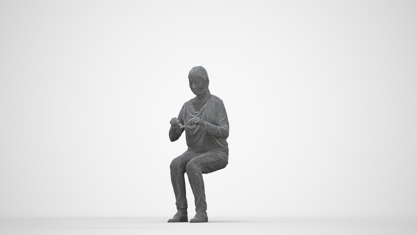 scanned 3D woman casual sitting, photogrammetry people for Enscape and V-Ray, wireframe back view