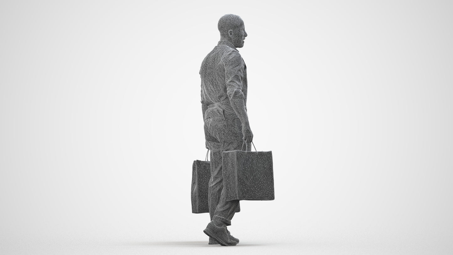 3D human model man casual shopping, photogrammetry scanned person for archviz, wireframe side view