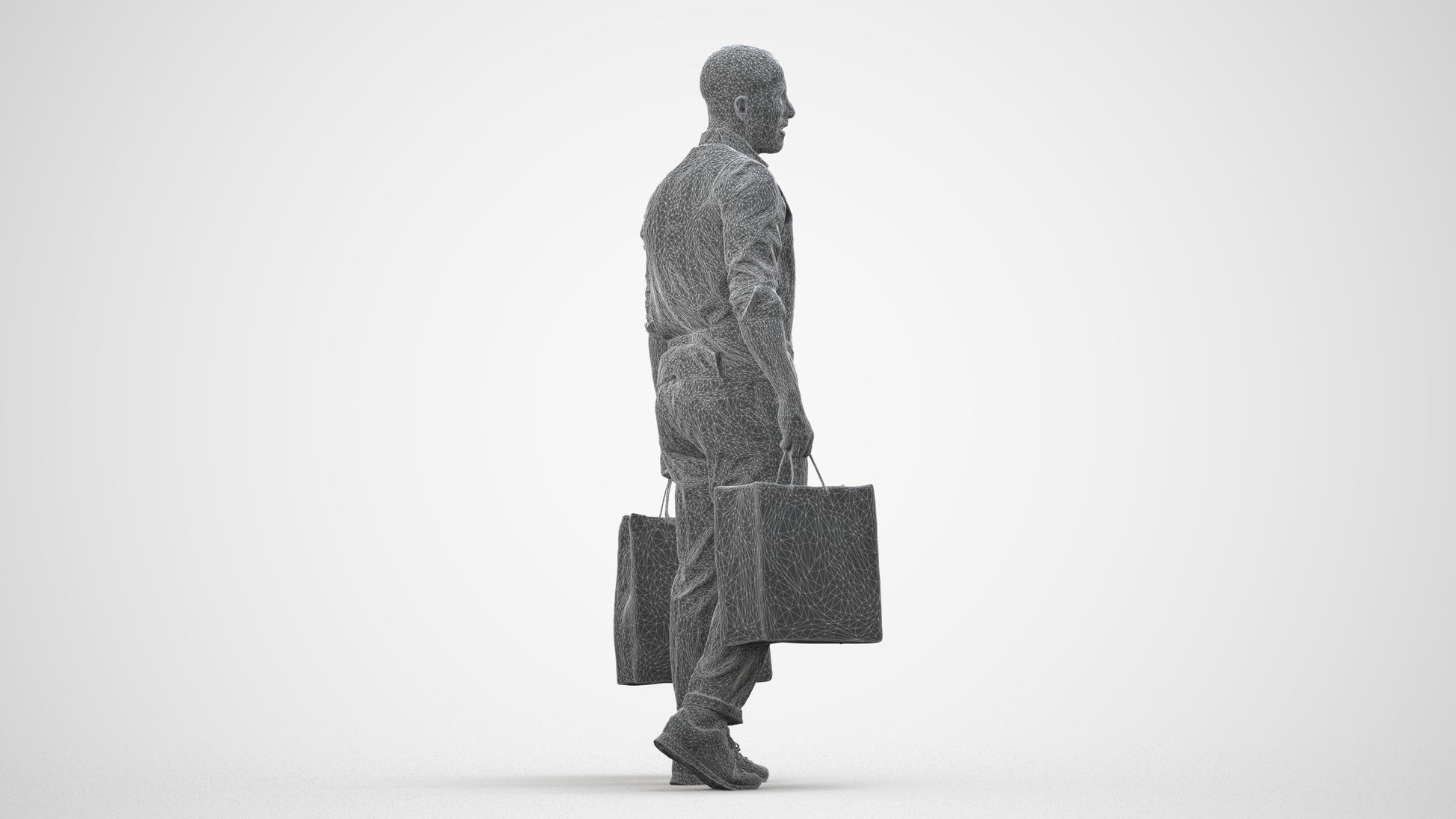 3D human model man casual shopping, photogrammetry scanned person for archviz, wireframe side view