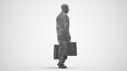 3D human model man casual shopping, photogrammetry scanned person for archviz, wireframe side view