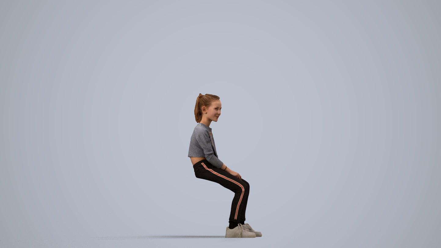 3D human model girl casual kids, photogrammetry scanned person for archviz, side view render