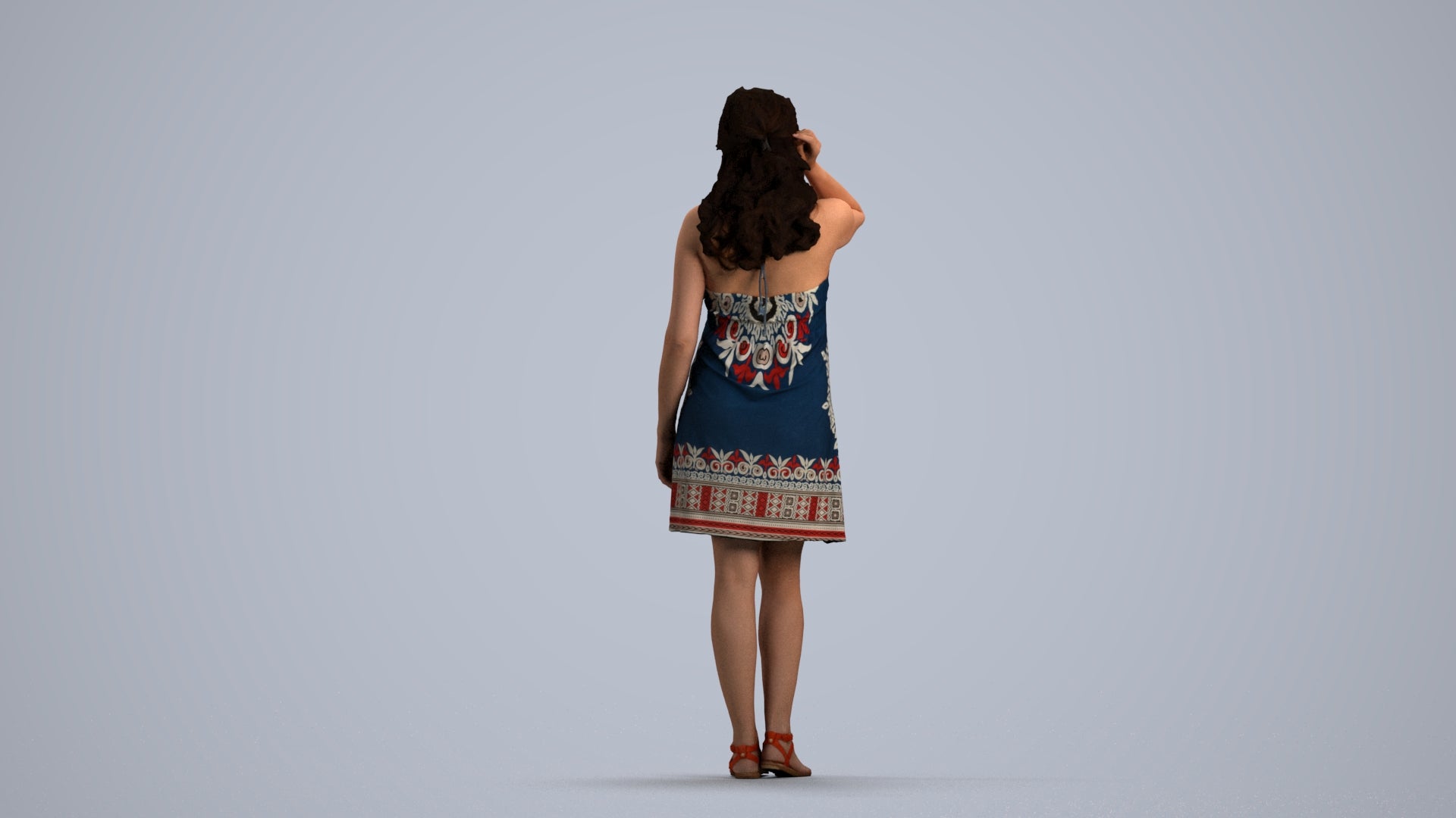 3D human model woman standing, photogrammetry scanned person for archviz, front view render