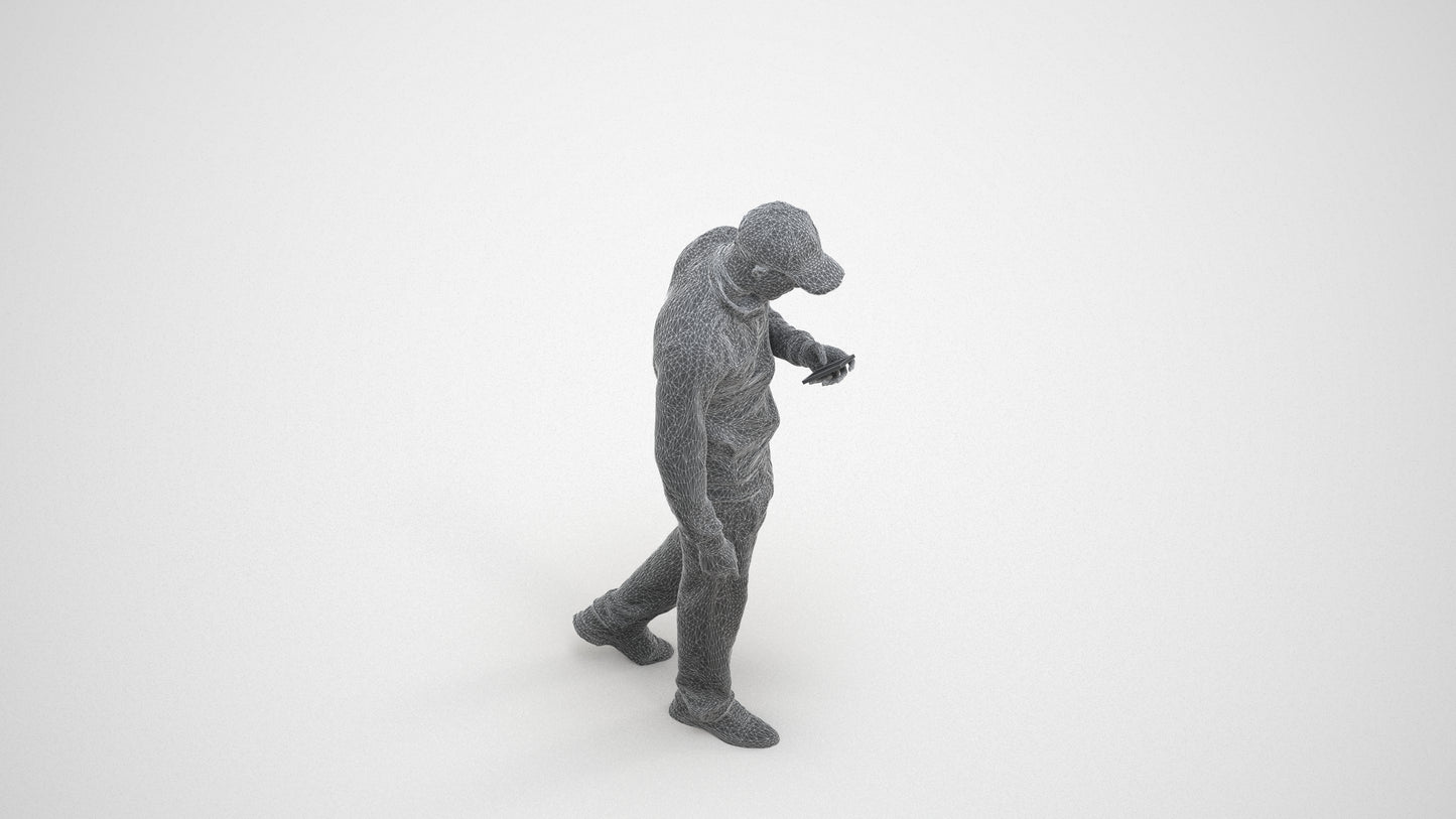3D human model man sport walking, photogrammetry scanned person for archviz, wireframe three-quarter view
