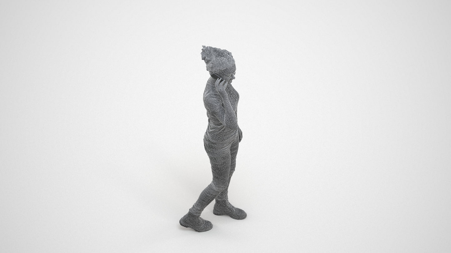 3D human model woman casual walking, photogrammetry scanned person for archviz, wireframe three-quarter view