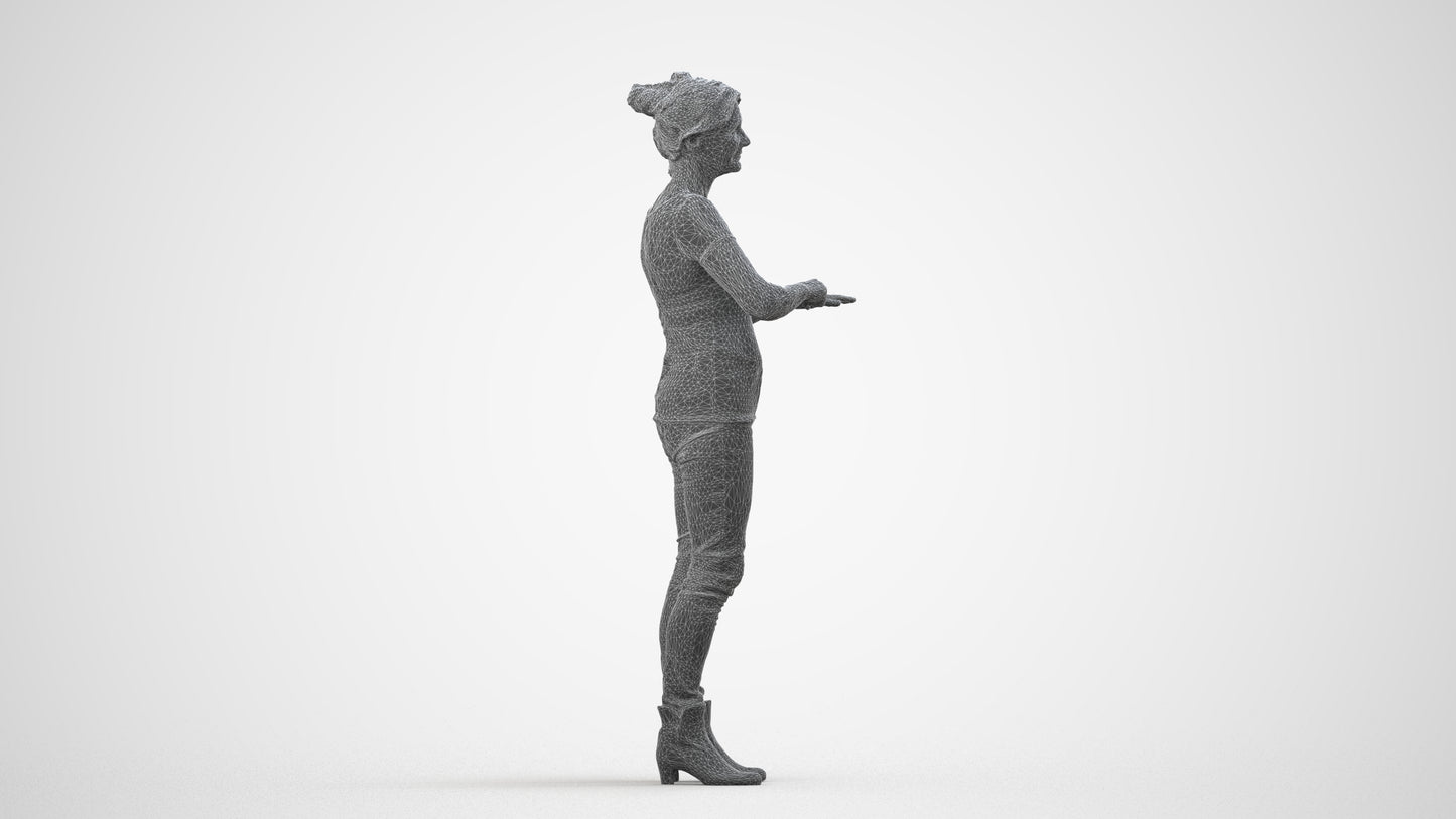 3D scanned senior woman standing casual, photorealistic archviz people for Enscape and SketchUp, wireframe side view