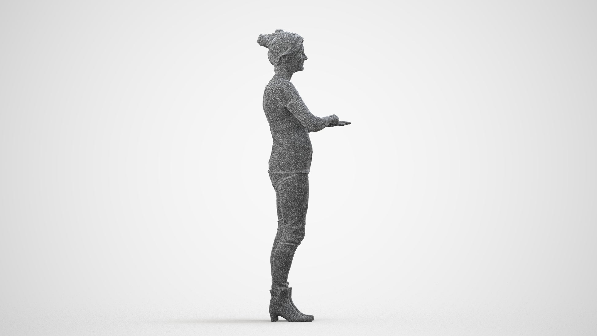 3D scanned senior woman standing casual, photorealistic archviz people for Enscape and SketchUp, wireframe side view