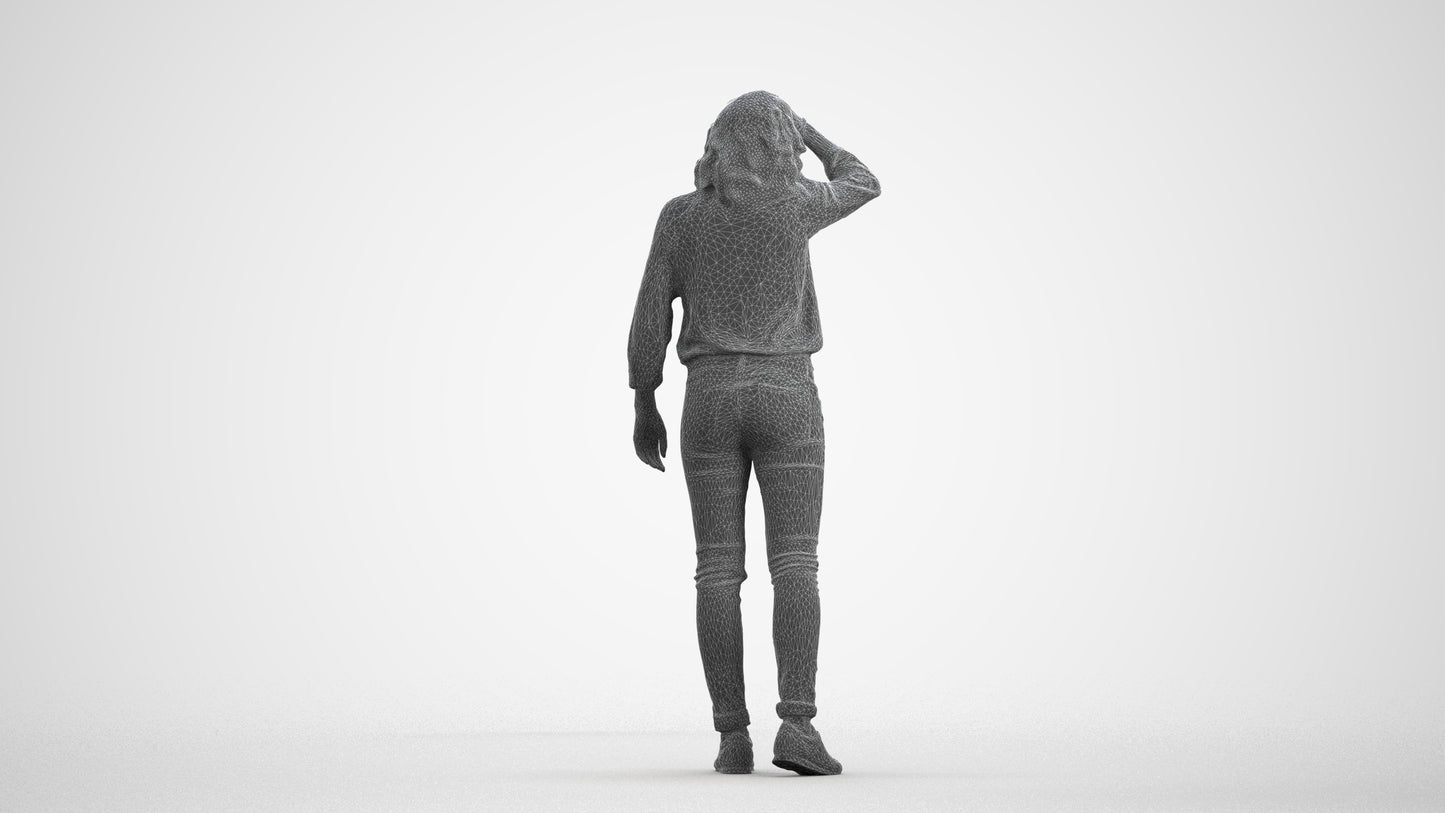 realistic 3D woman casual walking, scanned archviz people for Blender and 3ds Max, wireframe front view