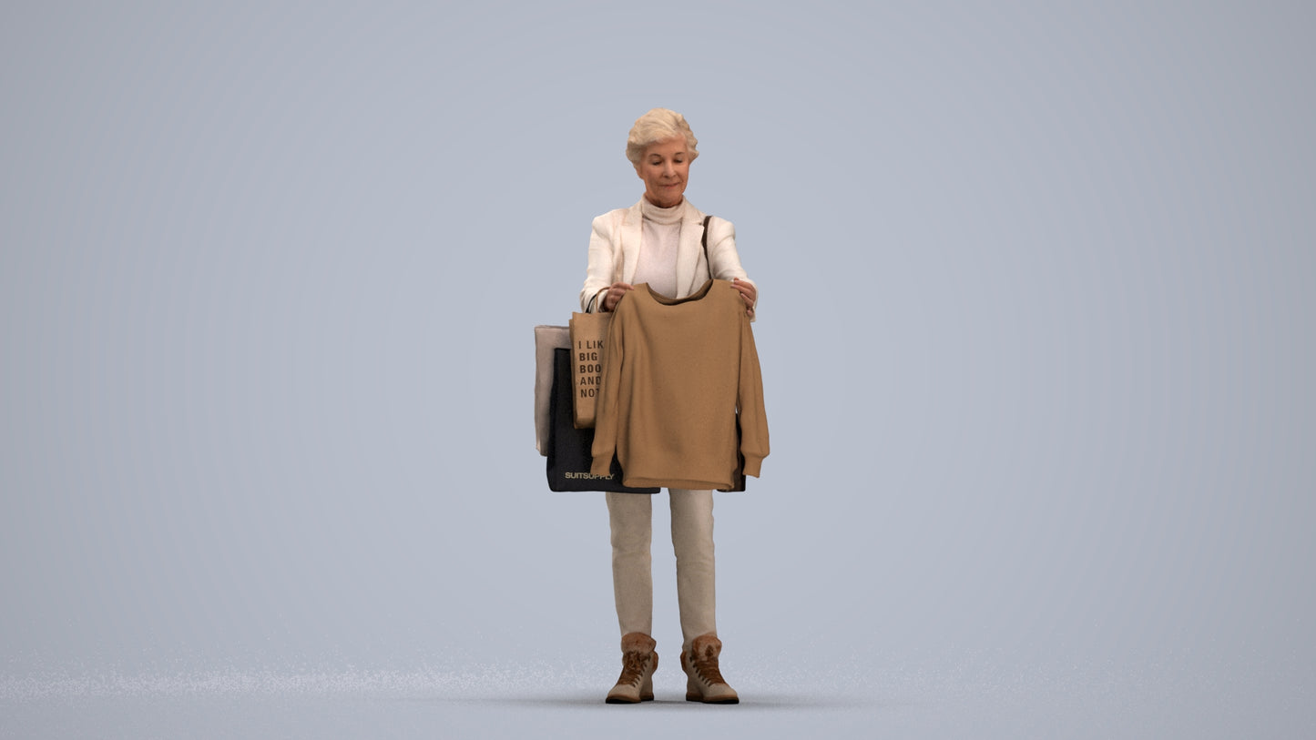 photogrammetry 3D senior woman business shopping, realistic human model archviz FBX, standing pose render