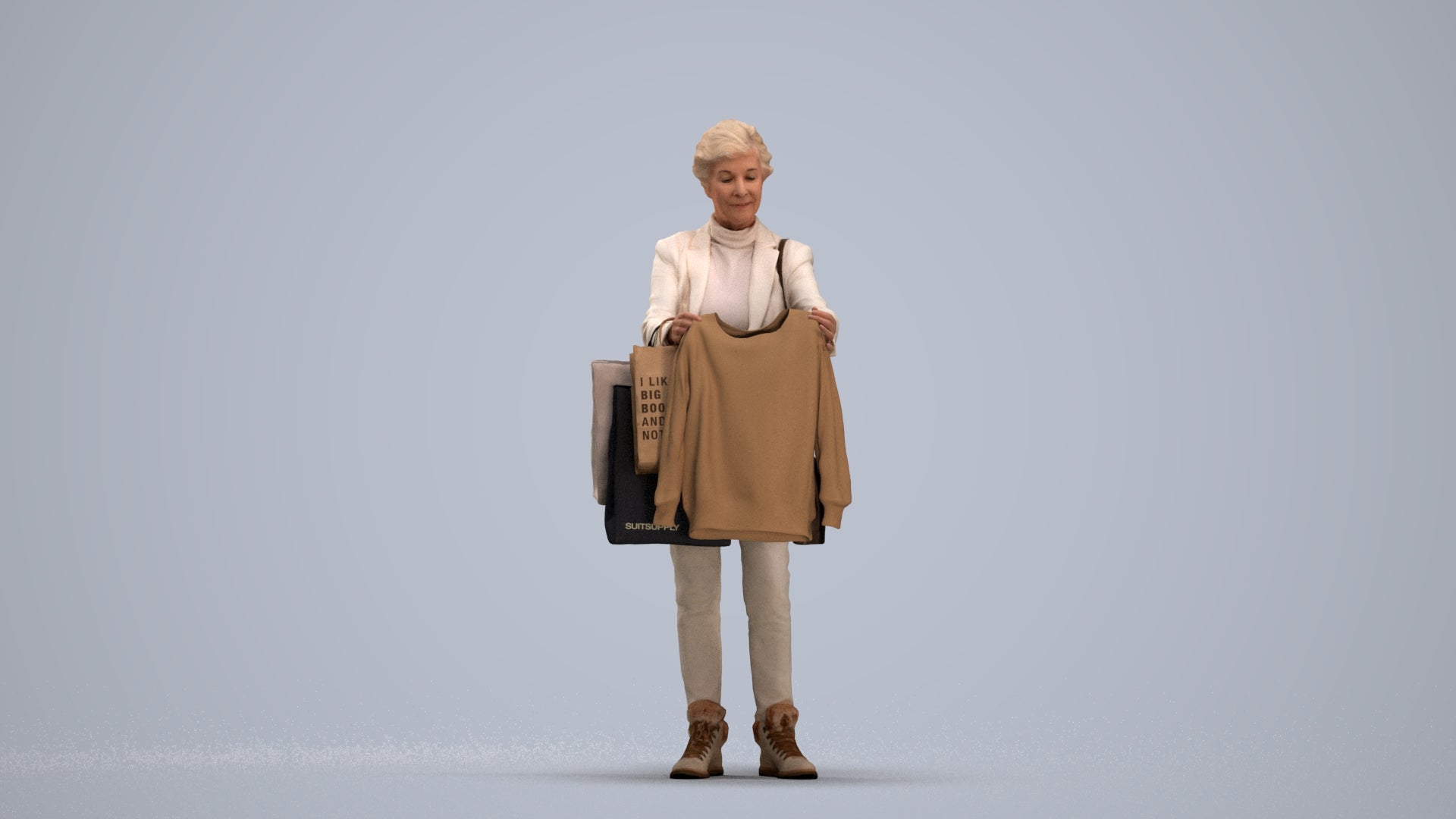 photogrammetry 3D senior woman business shopping, realistic human model archviz FBX, standing pose render