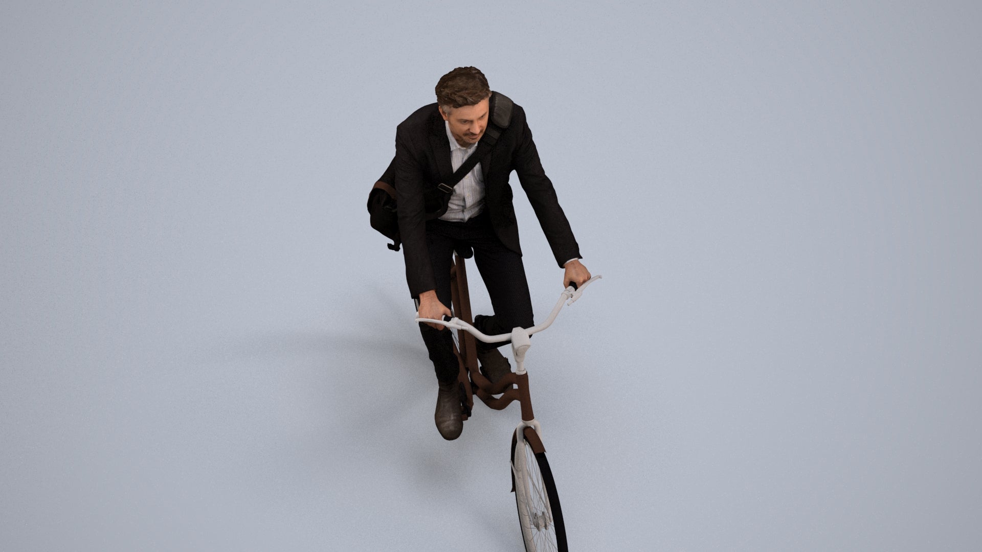 3D human model man business cycling, photogrammetry scanned person for archviz, back view render