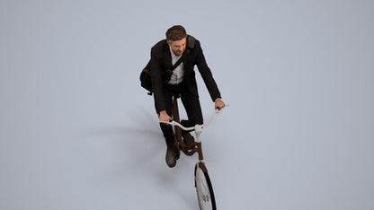 3D human model man business cycling, photogrammetry scanned person for archviz, back view render