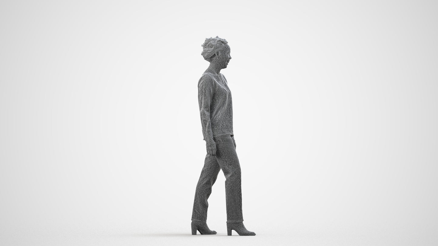 realistic 3D human woman casual walking, archviz people FBX OBJ for Blender, wireframe side view