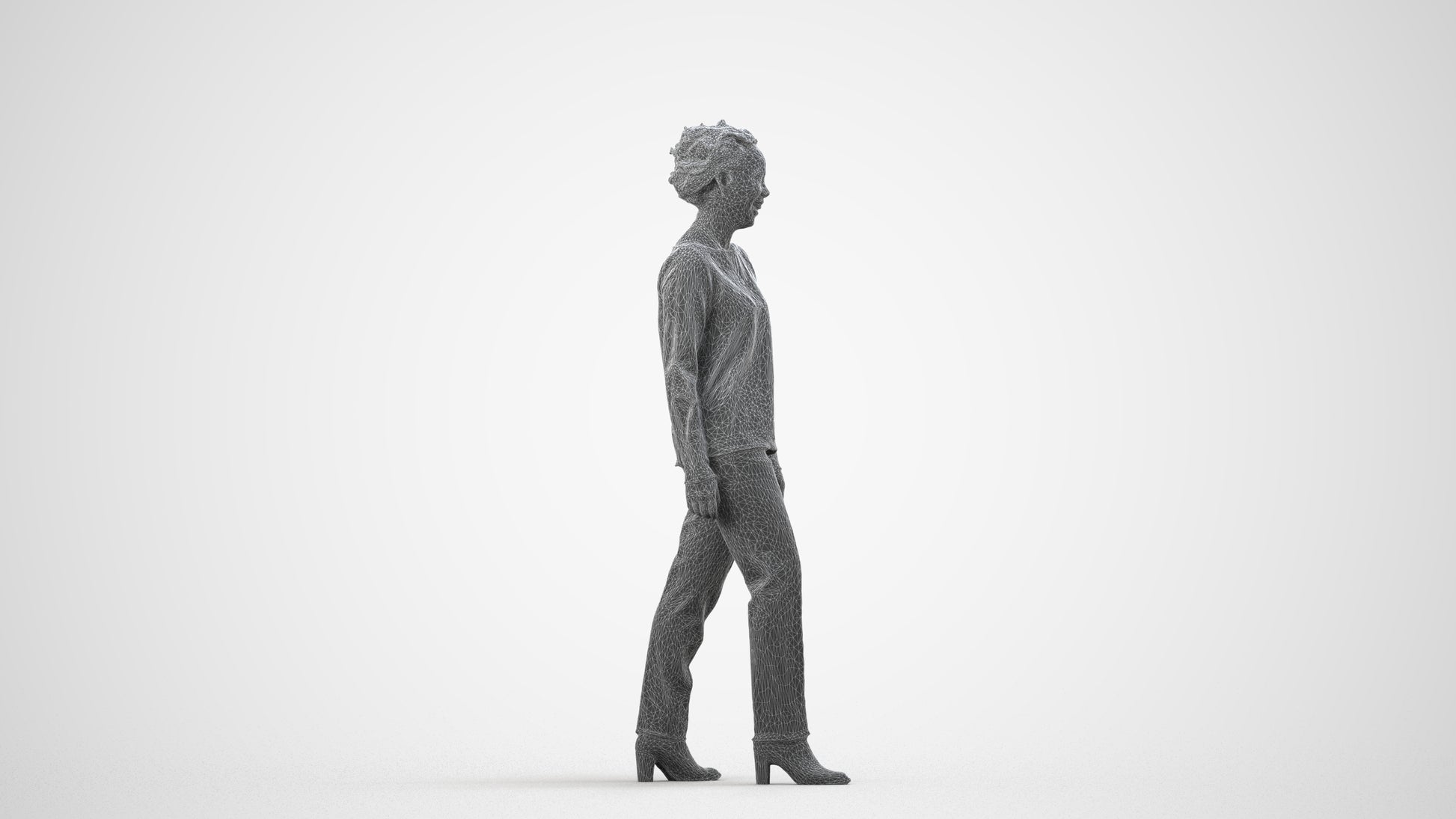 realistic 3D human woman casual walking, archviz people FBX OBJ for Blender, wireframe side view