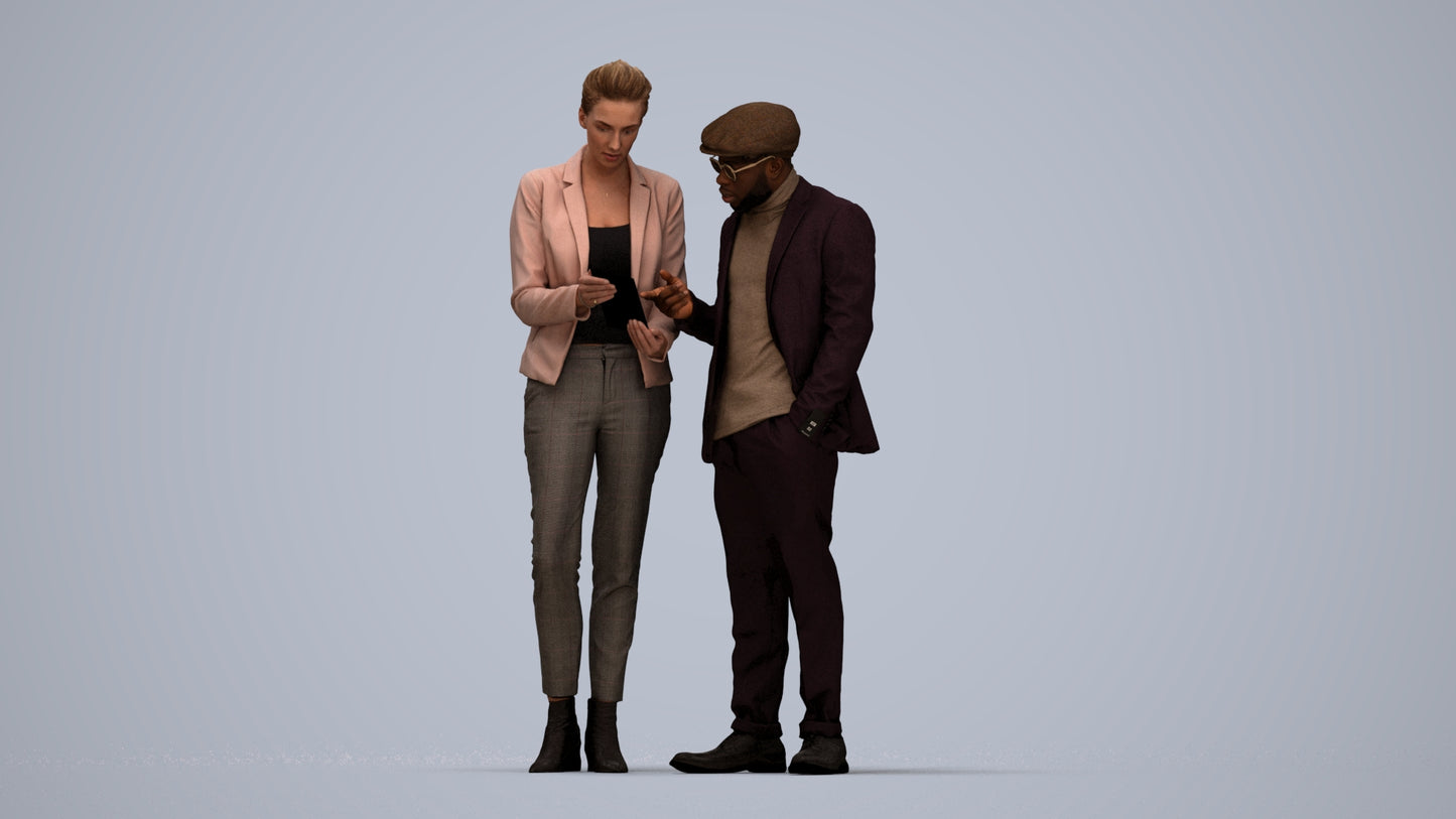realistic 3D human woman business couple, archviz people FBX OBJ for Blender, top-down view render