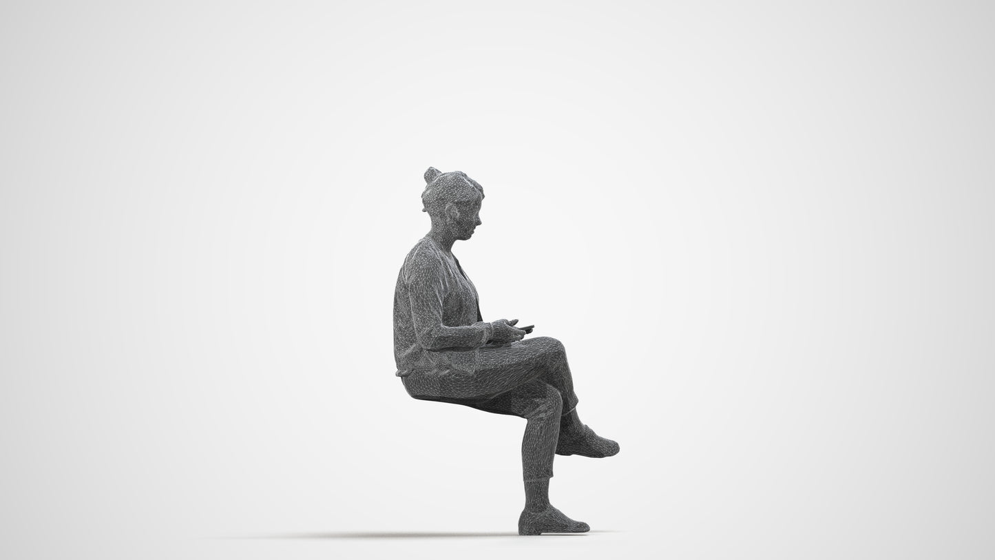 scanned 3D woman casual sitting, photogrammetry people for Enscape and V-Ray, wireframe side view