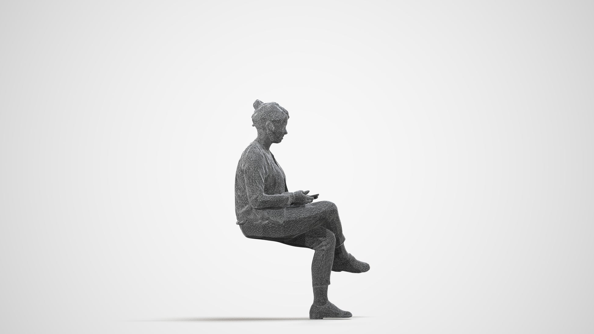 scanned 3D woman casual sitting, photogrammetry people for Enscape and V-Ray, wireframe side view